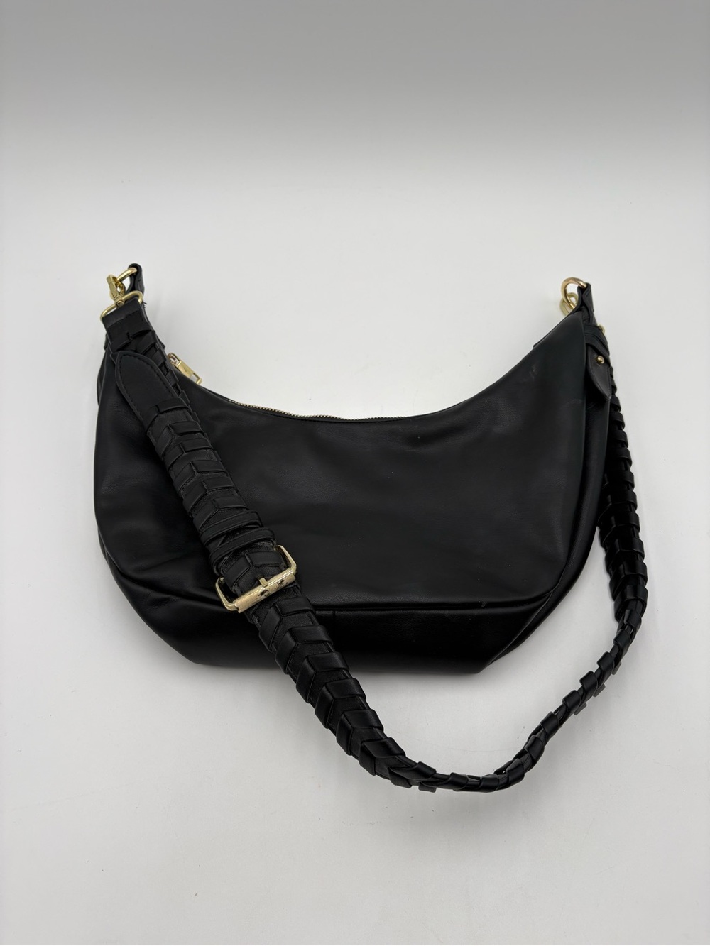 JULES KAE Black Vegan Leather Shoulder Bag Crossbody Braided Adjustable Strap